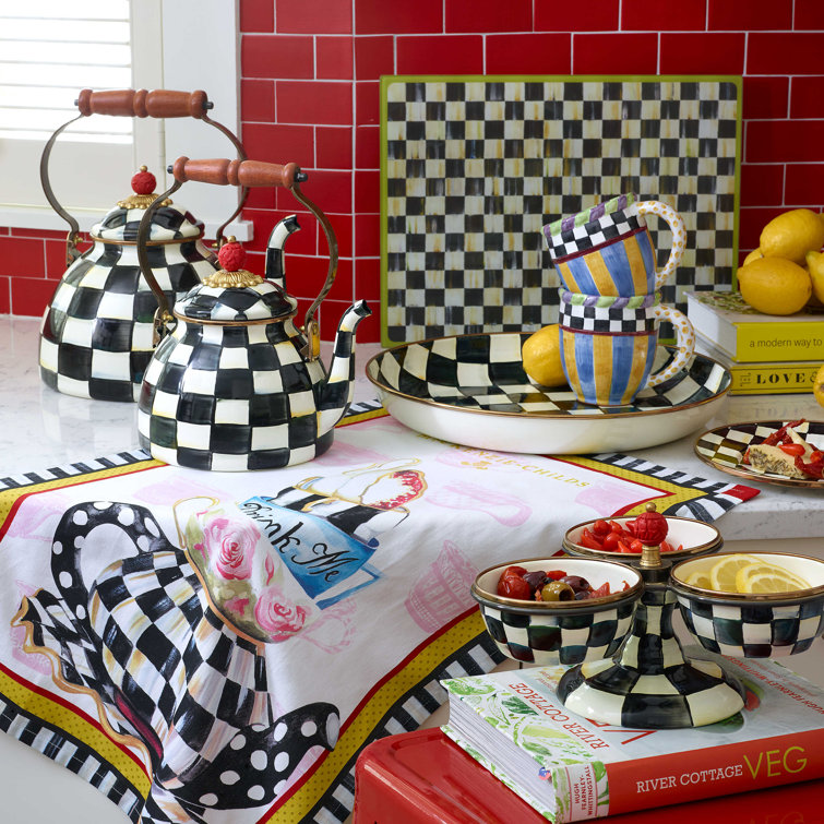 Extra Small Black and White Checkered Stainless Steel Kettle with Wooden Handle