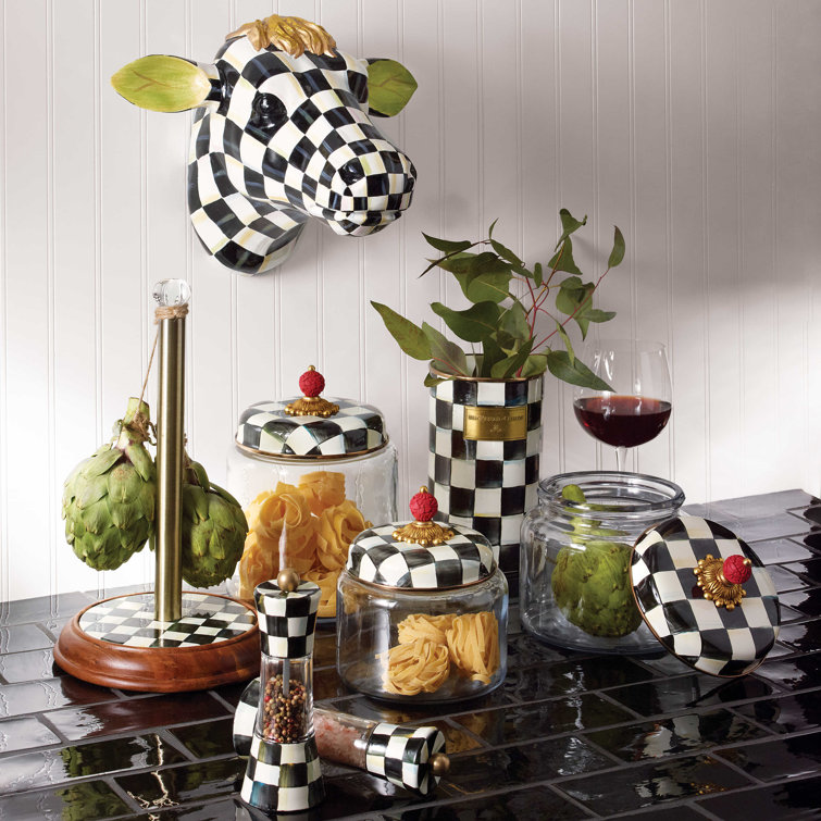 Courtly Check Enamel and Acacia Wood Freestanding Paper Towel Holder