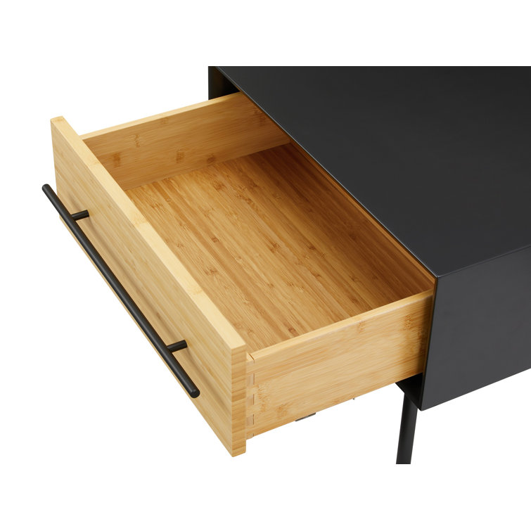 Black and Natural Bamboo 1-Drawer Nightstand with Metal Handle