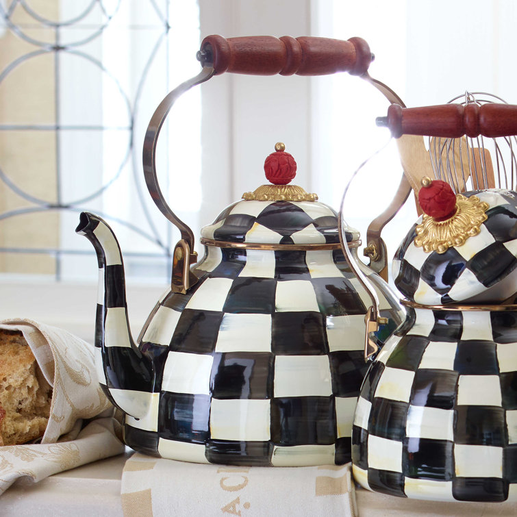 Extra Small Black and White Checkered Stainless Steel Kettle with Wooden Handle