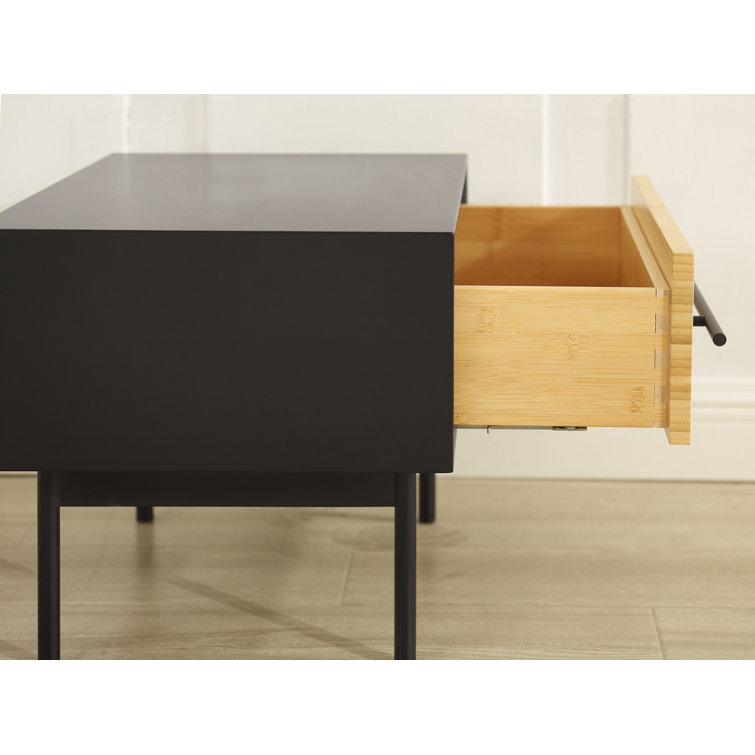 Black and Natural Bamboo 1-Drawer Nightstand with Metal Handle