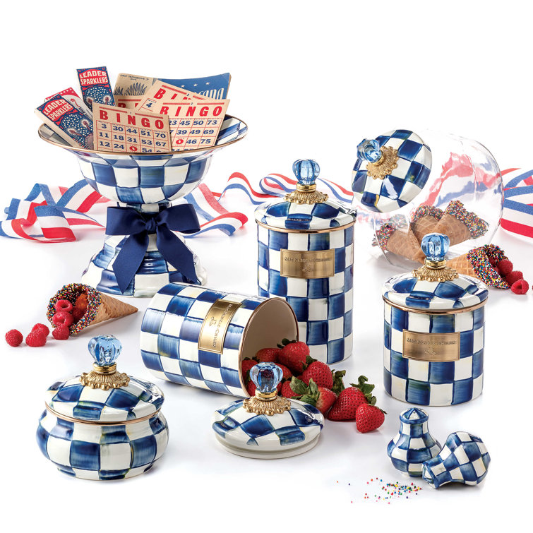 Regal Blue Check Stainless Steel Canister Set with Brass Accents