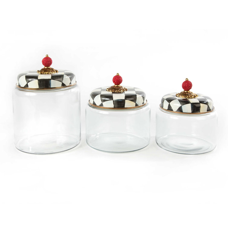 Elegant Courtly Check 7" Black Glass Kitchen Canister with Faux-Cinnabar Knob