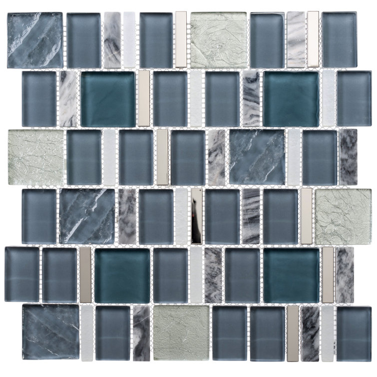 Estee Water Blue and Gray Glass Stone Metal Mosaic Tile