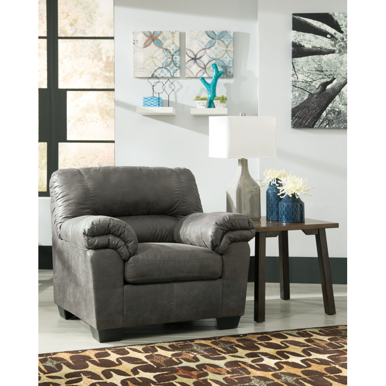 Traditional Slate Gray Faux Leather Accent Chair with Plush Cushions