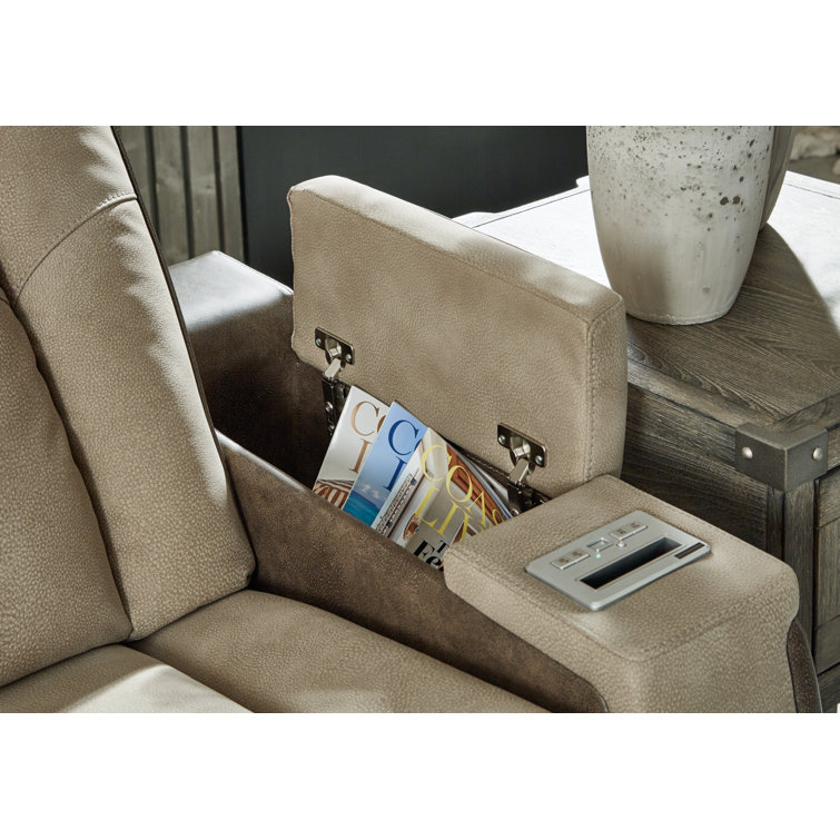 Sand Faux Leather 75" Power Reclining Loveseat with Storage & Cup Holder