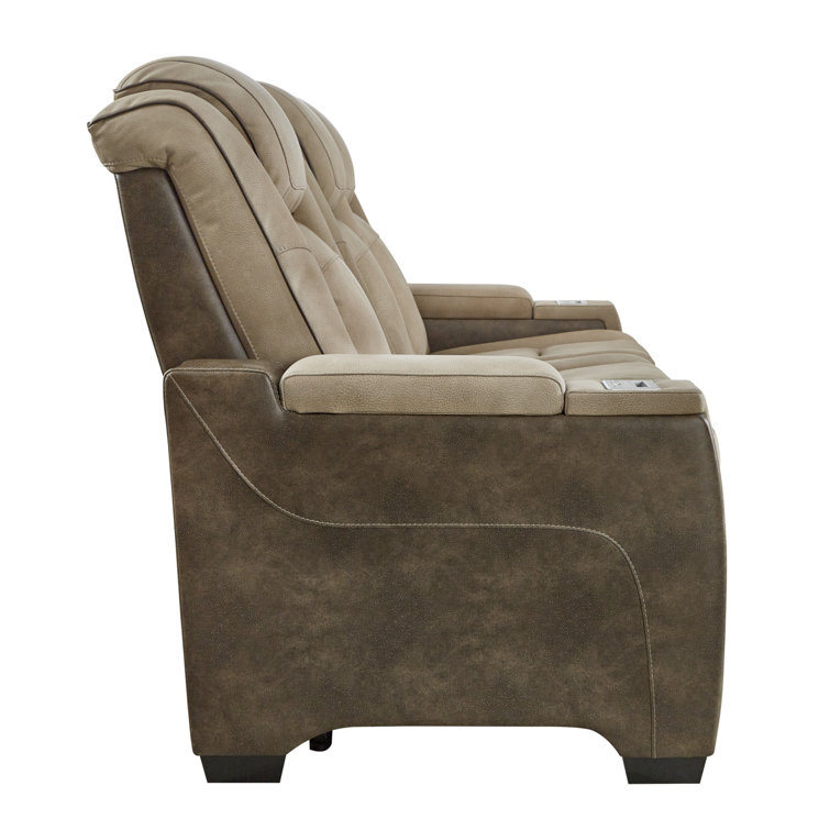 Sand Faux Leather Power Reclining Sofa with Storage and Cup Holder