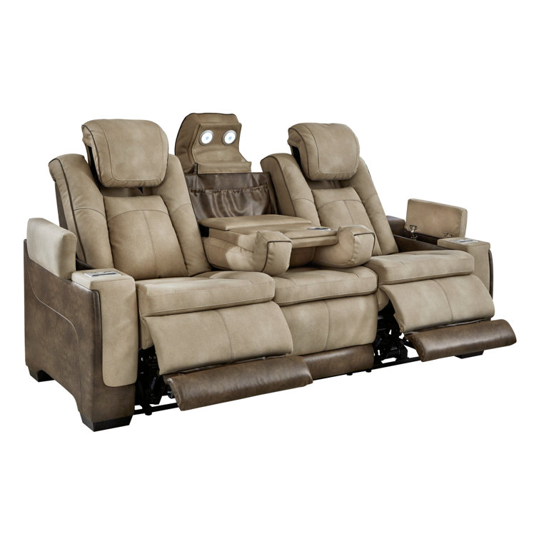 Sand Faux Leather Power Reclining Sofa with Storage and Cup Holder