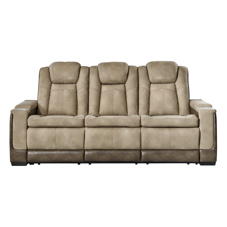 Sand Faux Leather Power Reclining Sofa with Storage and Cup Holder