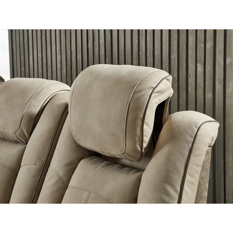 Sand Faux Leather 75" Power Reclining Loveseat with Storage & Cup Holder