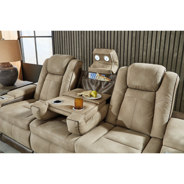 Sand Faux Leather Power Reclining Sofa with Storage and Cup Holder