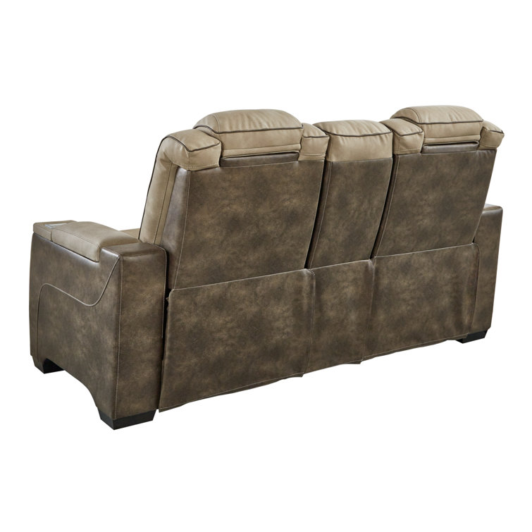 Sand Faux Leather 75" Power Reclining Loveseat with Storage & Cup Holder