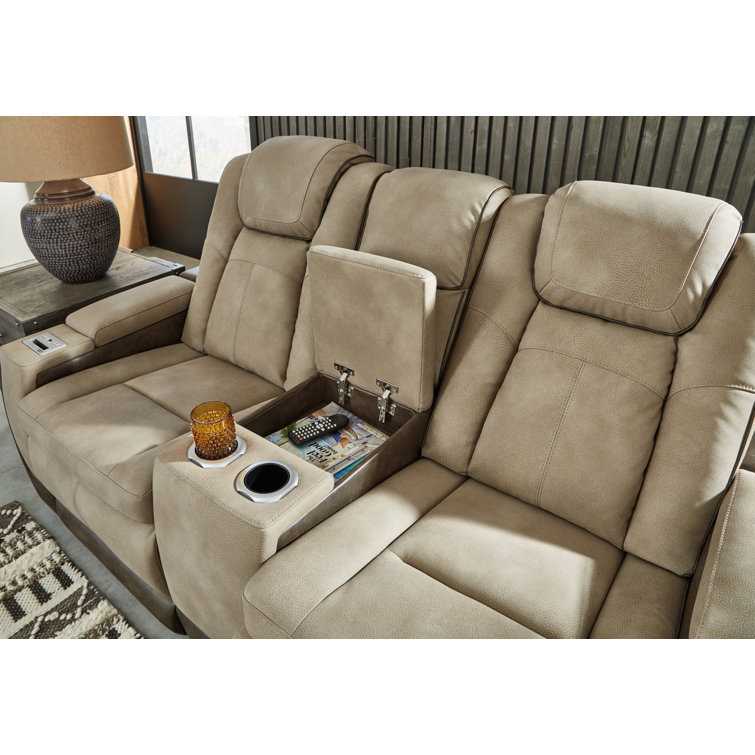 Sand Faux Leather 75" Power Reclining Loveseat with Storage & Cup Holder
