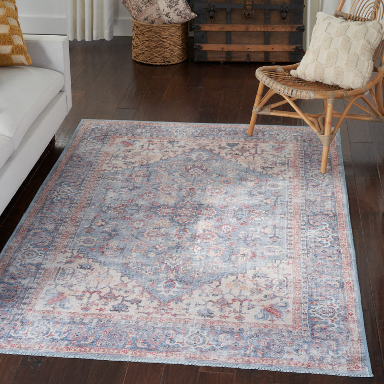 Vintage-Style Blue Floral Medallion Cotton Chenille Area Rug, 5'3" x 7'3"