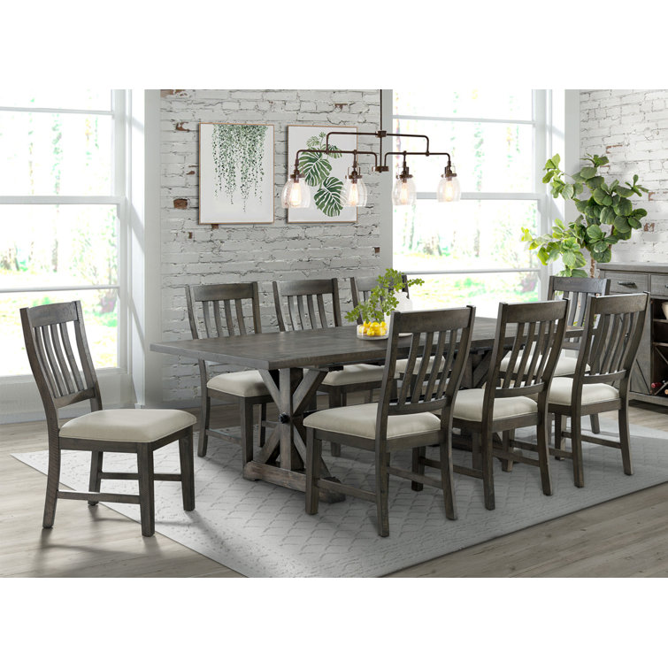 Distressed Gray Wood 96" Extendable Dining Table Set with 8 Chairs
