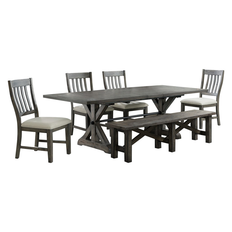 Gray Trestle 6-Piece Extendable Dining Set with Bench