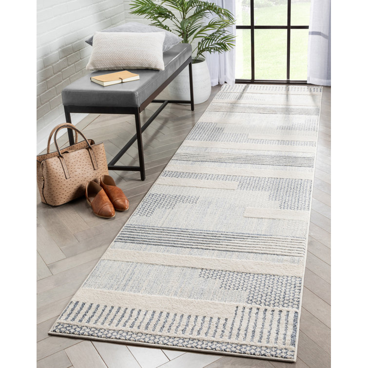 Reversible Blue Geometric Synthetic Runner Rug 31" x 118"