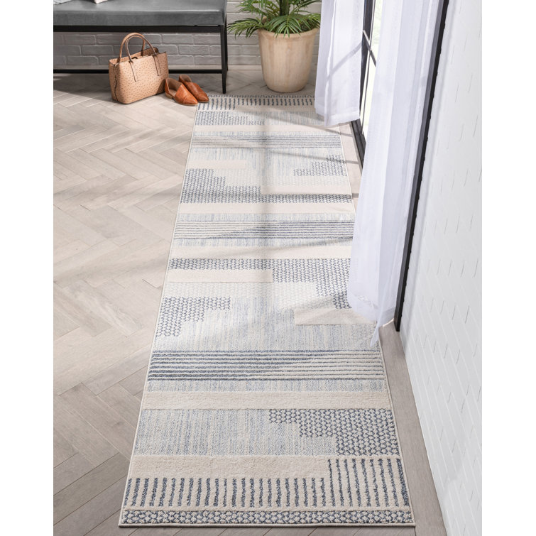Reversible Blue Geometric Synthetic Runner Rug 31" x 118"