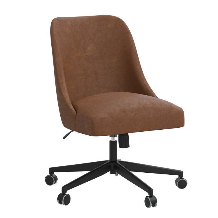 Distressed Saddle Brown Faux Leather Swivel Task Chair with Solid Wood Frame