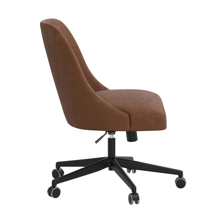 Distressed Saddle Brown Faux Leather Swivel Task Chair with Solid Wood Frame