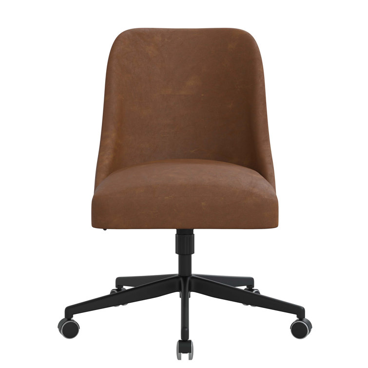 Distressed Saddle Brown Faux Leather Swivel Task Chair with Solid Wood Frame