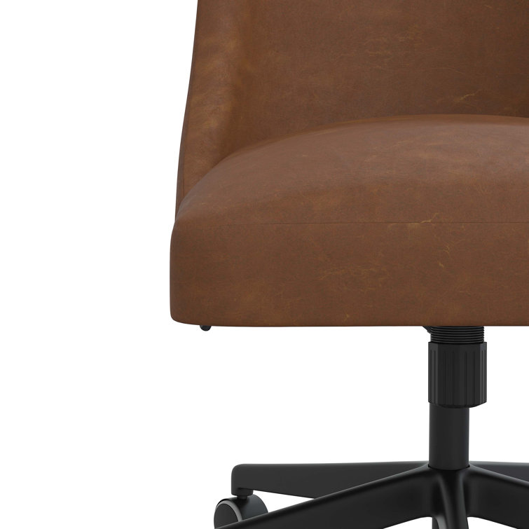 Distressed Saddle Brown Faux Leather Swivel Task Chair with Solid Wood Frame