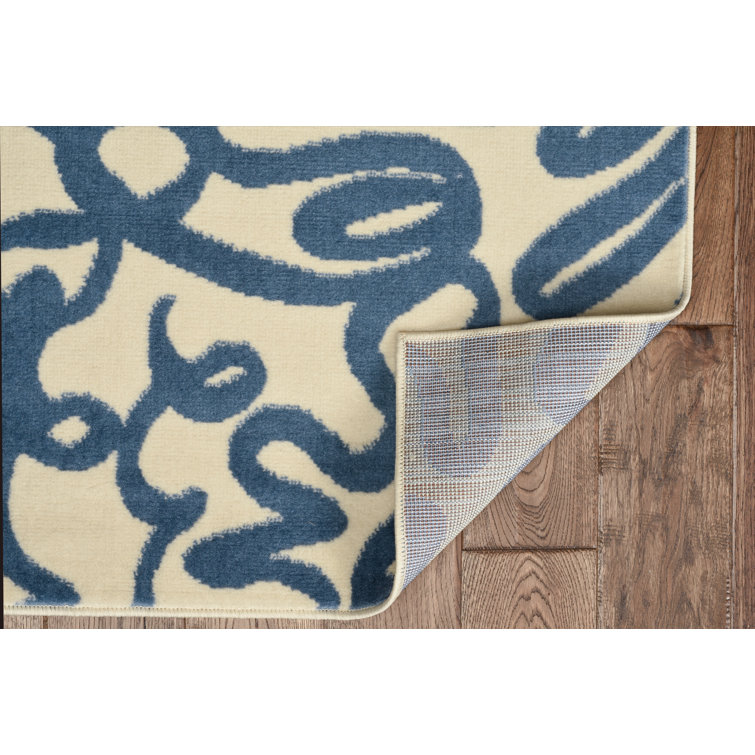 Capri Cream and Blue Rectangular Easy Care Synthetic Rug