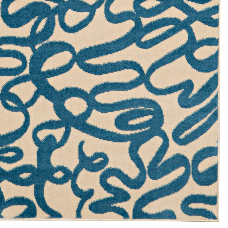 Capri Cream and Blue Rectangular Easy Care Synthetic Rug