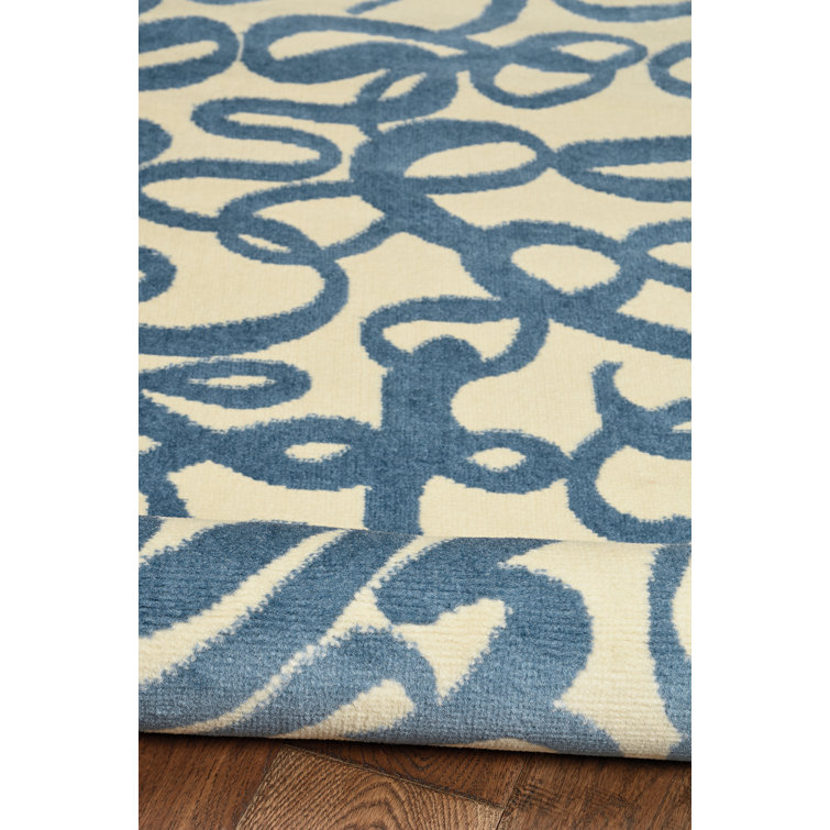 Capri Cream and Blue Rectangular Easy Care Synthetic Rug