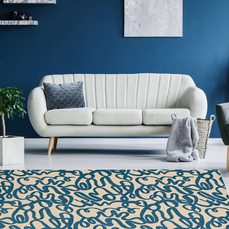Capri Cream and Blue Rectangular Easy Care Synthetic Rug