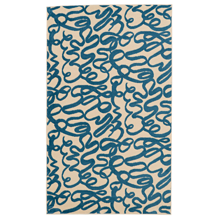 Capri Cream and Blue Rectangular Easy Care Synthetic Rug