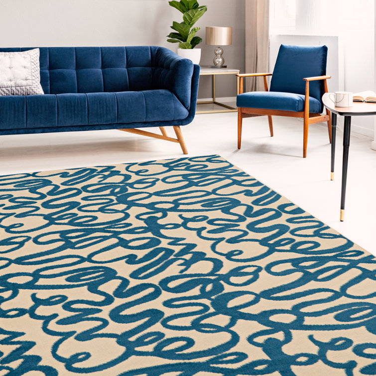Capri Cream and Blue Rectangular Easy Care Synthetic Rug