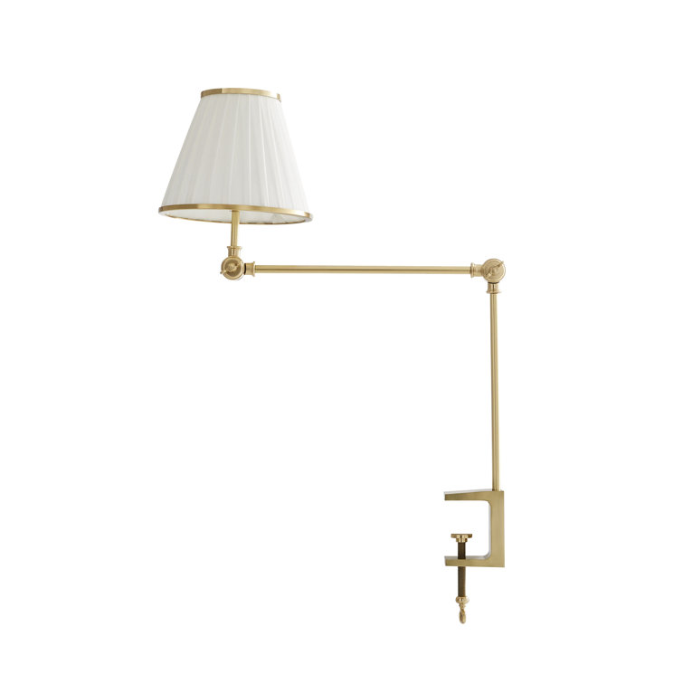 Adjustable Brass Clip-on Lamp with White Linen Shade
