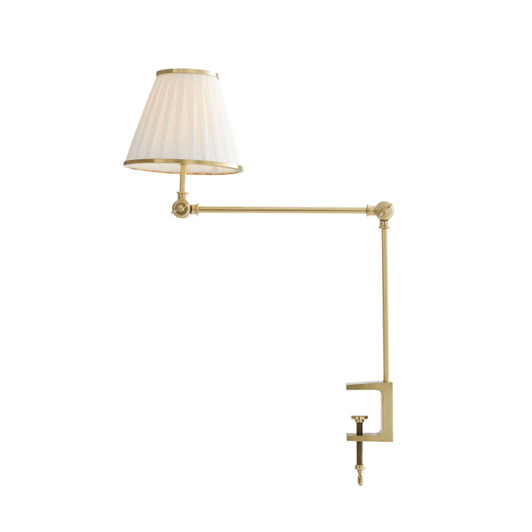 Adjustable Brass Clip-on Lamp with White Linen Shade