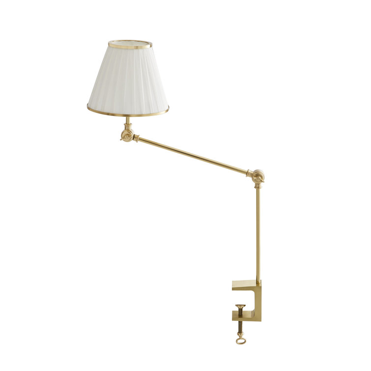 Adjustable Brass Clip-on Lamp with White Linen Shade
