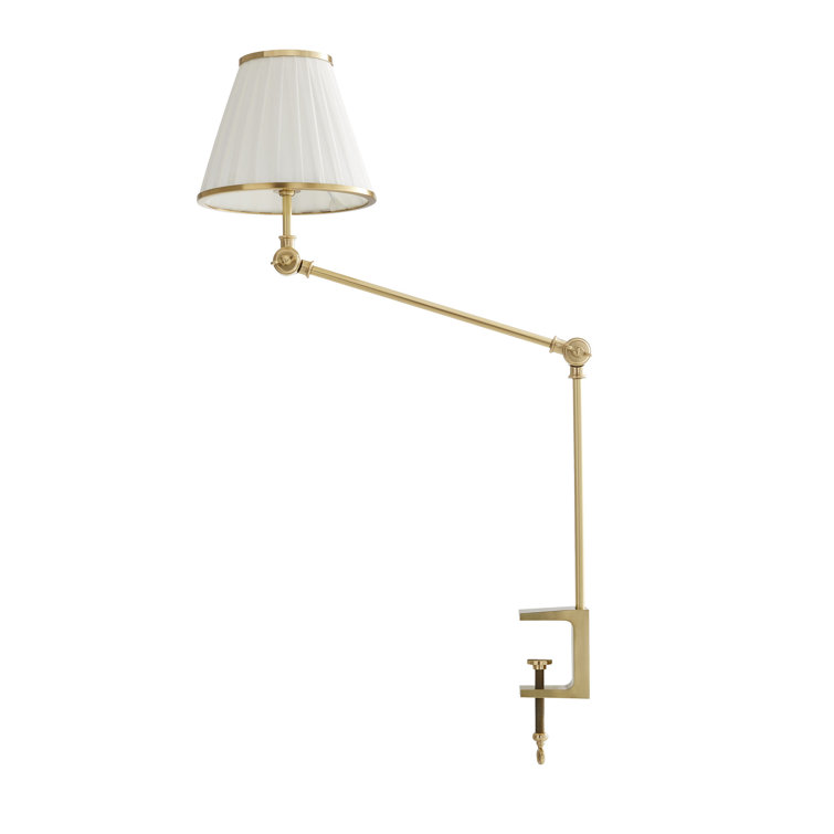 Adjustable Brass Clip-on Lamp with White Linen Shade