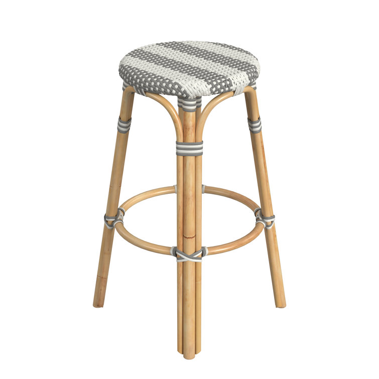 Damask Grey Striped 30" Round Rattan Coastal Bar Stool