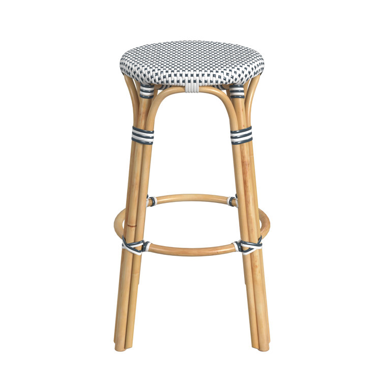 Cottage White and Navy 30" Round Rattan Coastal Bar Stool