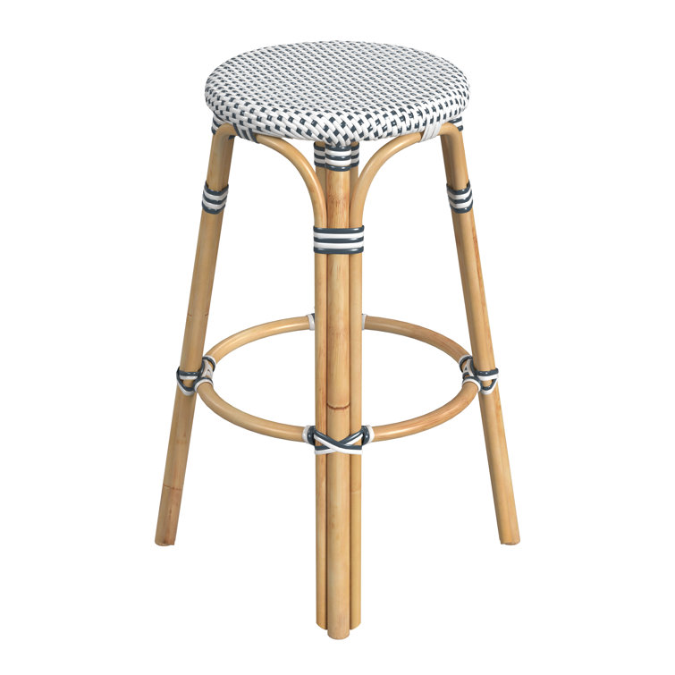 Cottage White and Navy 30" Round Rattan Coastal Bar Stool