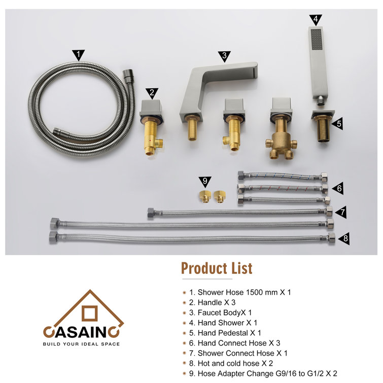 Brushed Nickel 5-Hole Deck Mounted Tub Faucet with Hand Shower