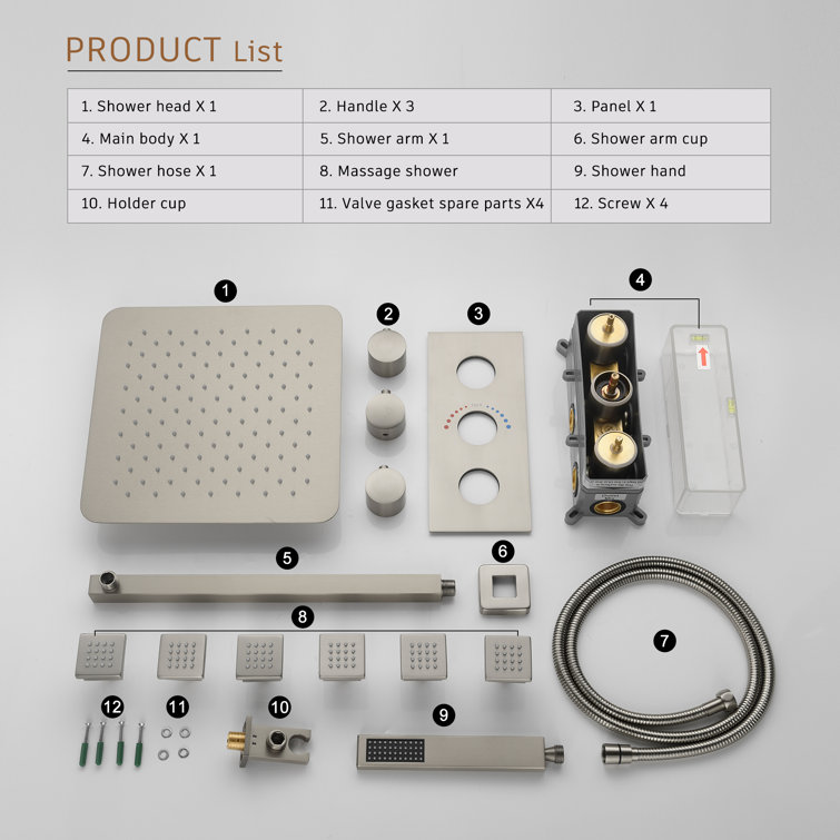 Large Brushed Nickel Dual Square Wall Mounted Shower System