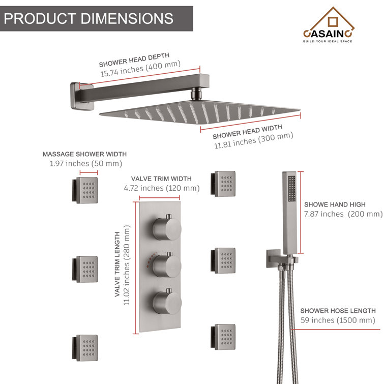 Large Brushed Nickel Dual Square Wall Mounted Shower System