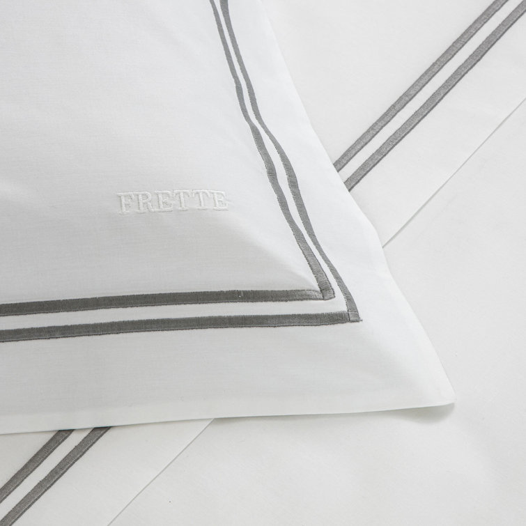 Twin White/Grey Egyptian Cotton Embroidered Percale Sheet Set