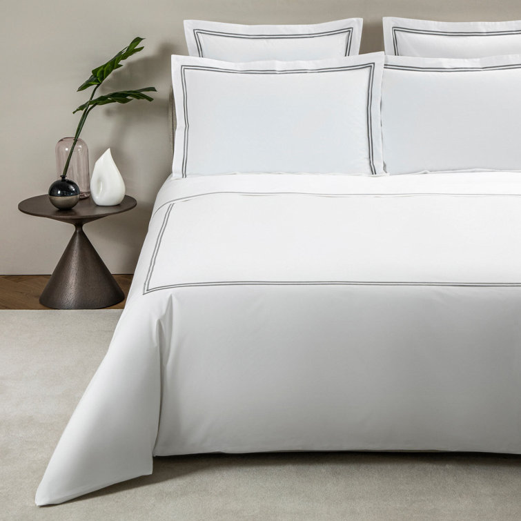 Twin White and Gray Cotton Duvet Cover with Embroidered Borders