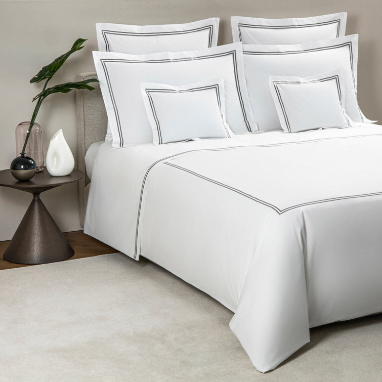 Twin White/Grey Egyptian Cotton Embroidered Percale Sheet Set