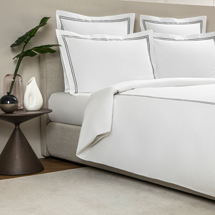 Twin White and Gray Cotton Duvet Cover with Embroidered Borders