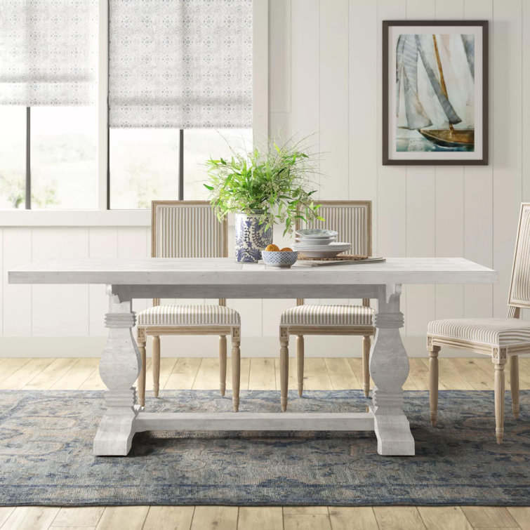Distressed Ivory Pine Wood Trestle Dining Table for Six