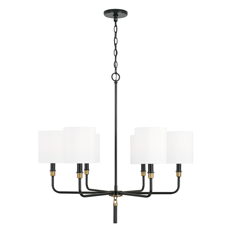 Glossy Black and Aged Brass 6-Light Chandelier with White Shades