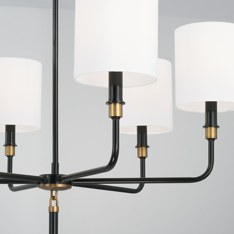Glossy Black and Aged Brass 6-Light Chandelier with White Shades