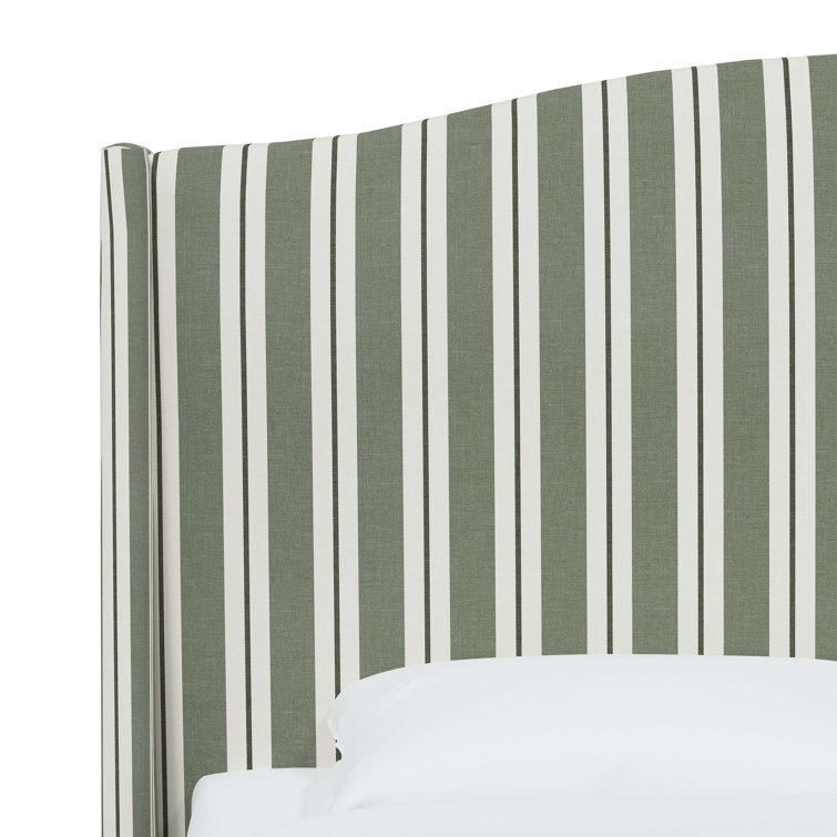 California King Green Striped Upholstered Wingback Bed
